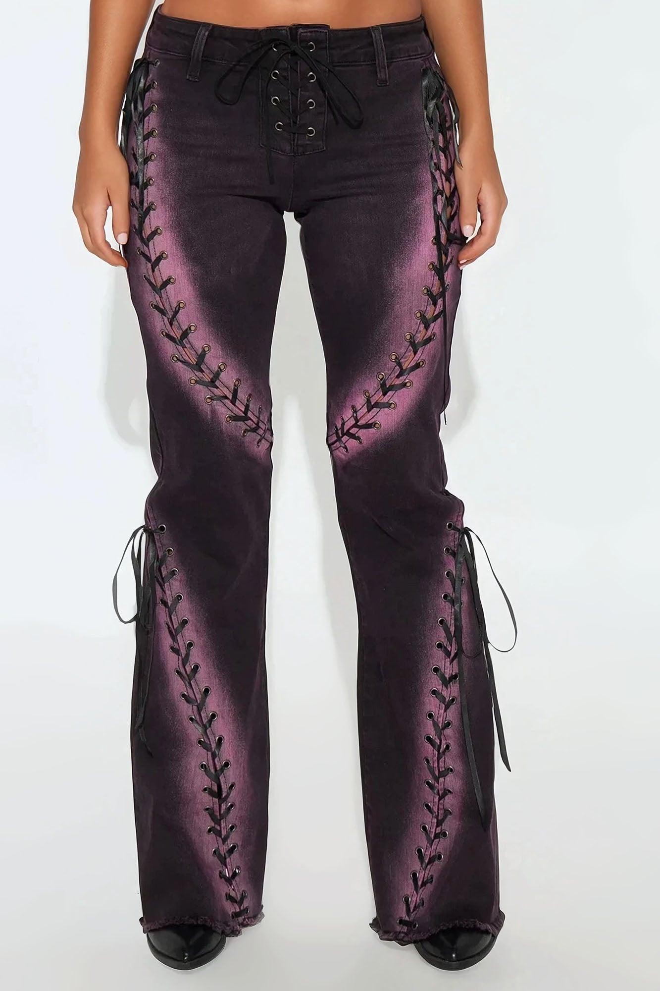 On The Scene Lace Up Stretch Flare Jeans - Purple Female Product Image