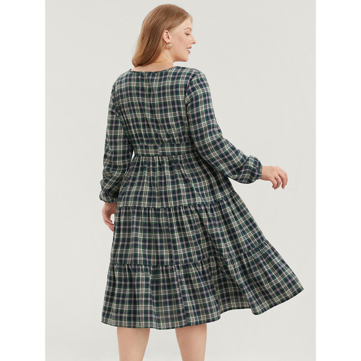 Plus Size Tartan Pocket Belted Lantern Sleeve Ruffle Tiered Dress Emerald Women Casual V-neck Long Sleeve Curvy Midi Dress BloomChic 28/5X Product Image