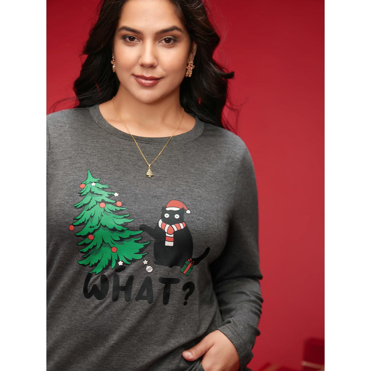 Plus Size Festive Cat And Tree Printed Slim-Fit Tee DimGray Women Casual Non Christmas Round Neck Everyday T-shirts BloomChic 14-16/1X Product Image