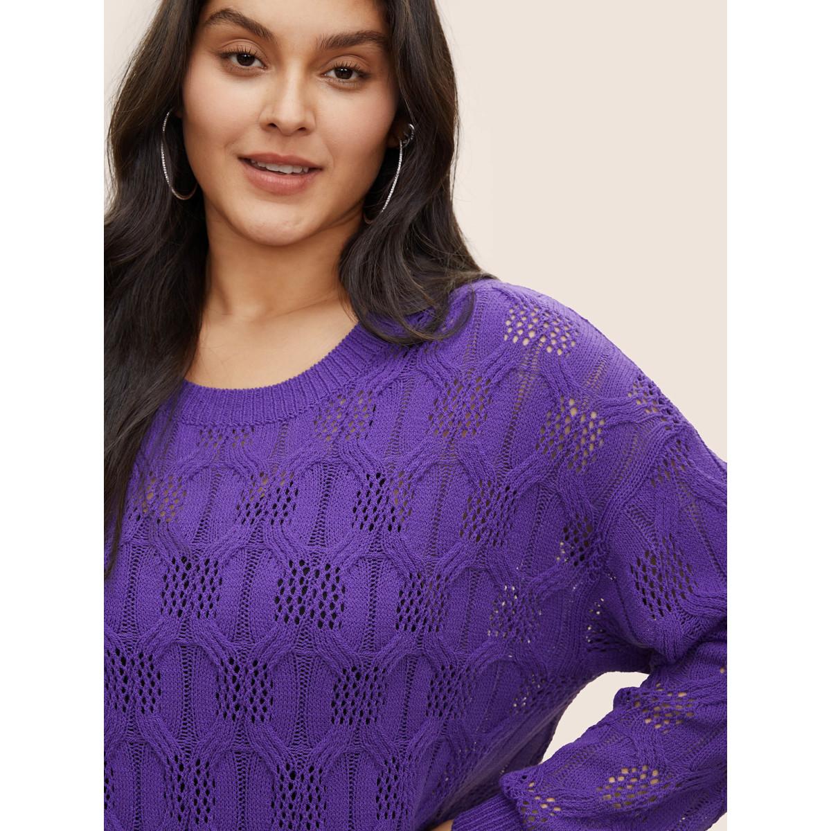Plus Size Plain Drop Shoulder Geometric Hollow Out Pullover Purple Women Casual Long Sleeve Round Neck Everyday Pullovers BloomChic 22-24/3X Product Image