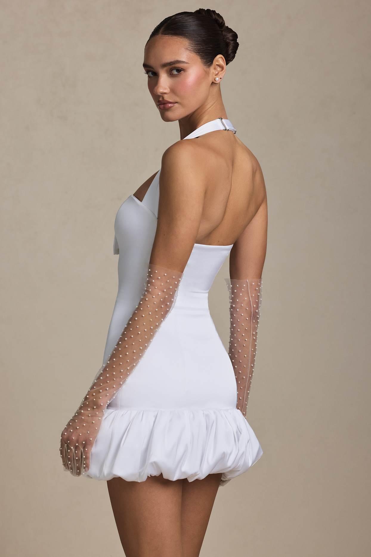 Bow-Detail Halterneck Bubble Hem Mini Dress in White Product Image