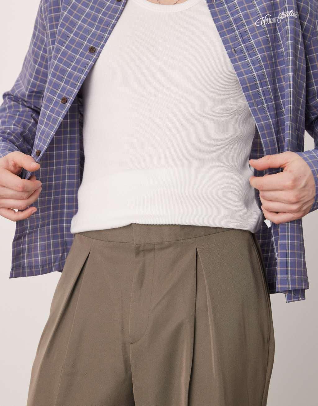 ASOS DESIGN wide leg dress pants with front inverted pleats and elastic waistband in mink | ASOS Product Image