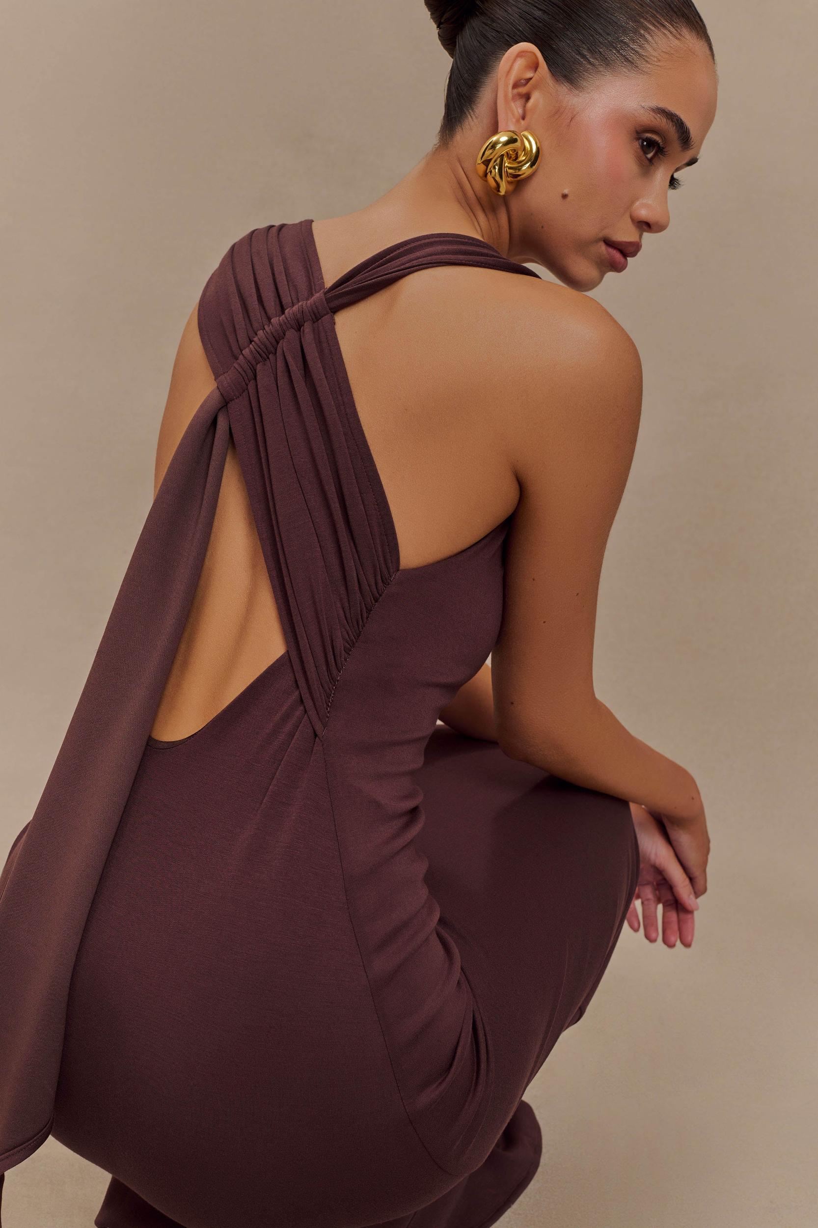 Catelyn Asymmetrical Scuba Jersey Midi Dress - Cacao Brown Product Image