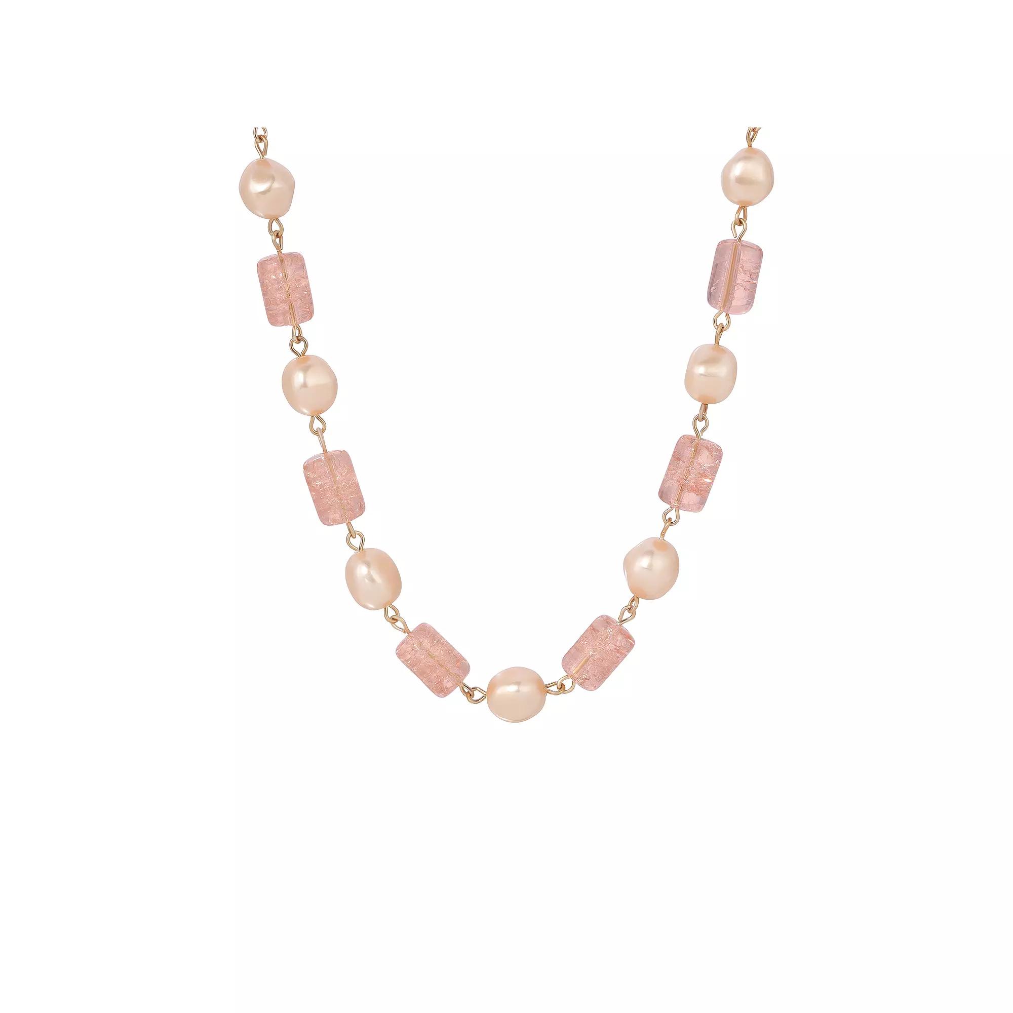 1928 Gold-Tone Peach Cracked Glass Adjustable Necklace, Women's, Pink Product Image