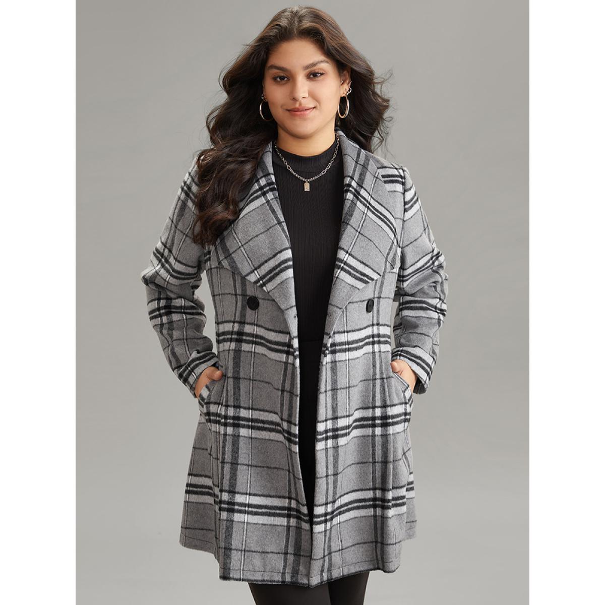 Plus Size Plaid Button Up Pocket Belted Lapel Collar Coat Women Black Casual Lined Ladies Dailywear Winter Coats BloomChic 12/L Product Image
