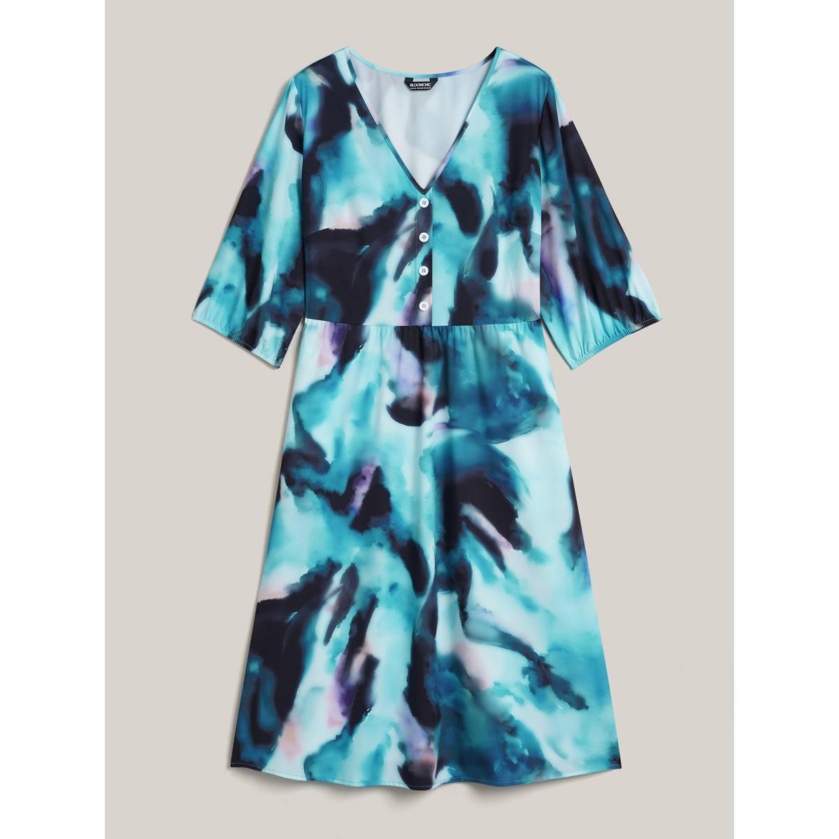Plus Size Tie-Dye Placket V-Neck Midi Dress Arctic Women Elegant Button V-neck Elbow-length sleeve Curvy BloomChic 22-24/3X Product Image