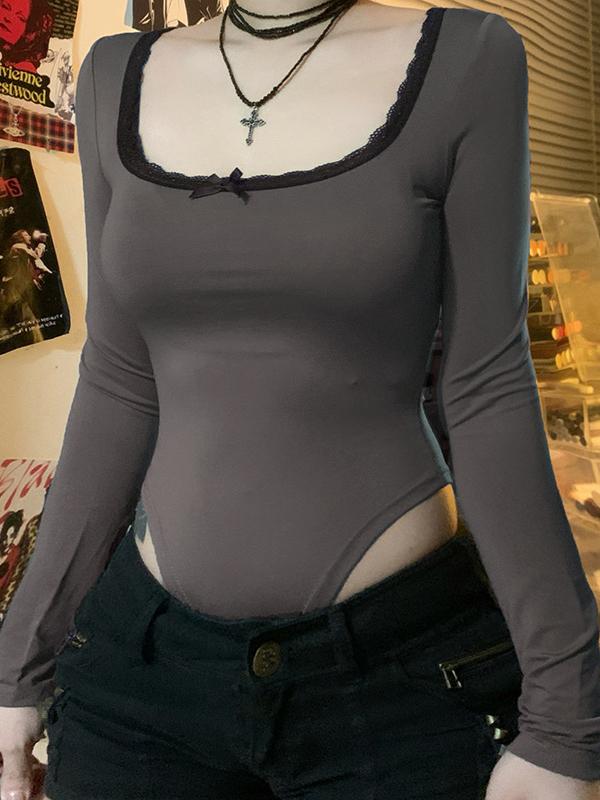 Lace U Neck Bow Long Sleeve Bodysuits Product Image