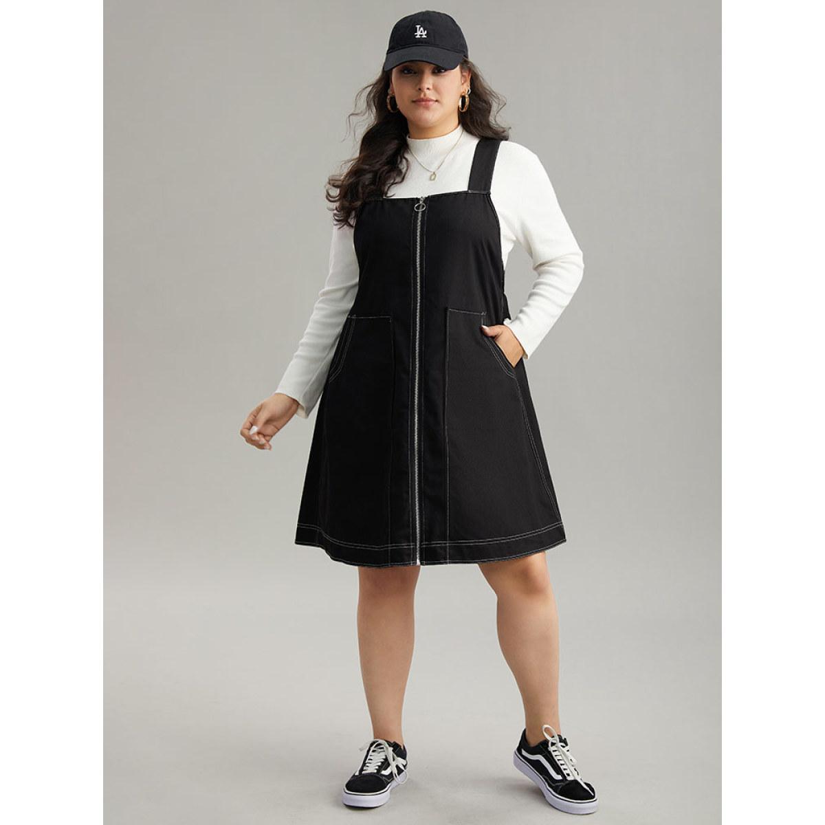 Plus Size Twill O Ring Zipper Pocket Spaghetti Strap Dress Black Women Casual Plain Spaghetti Strap Sleeveless Curvy Midi Dress BloomChic 10/M Product Image