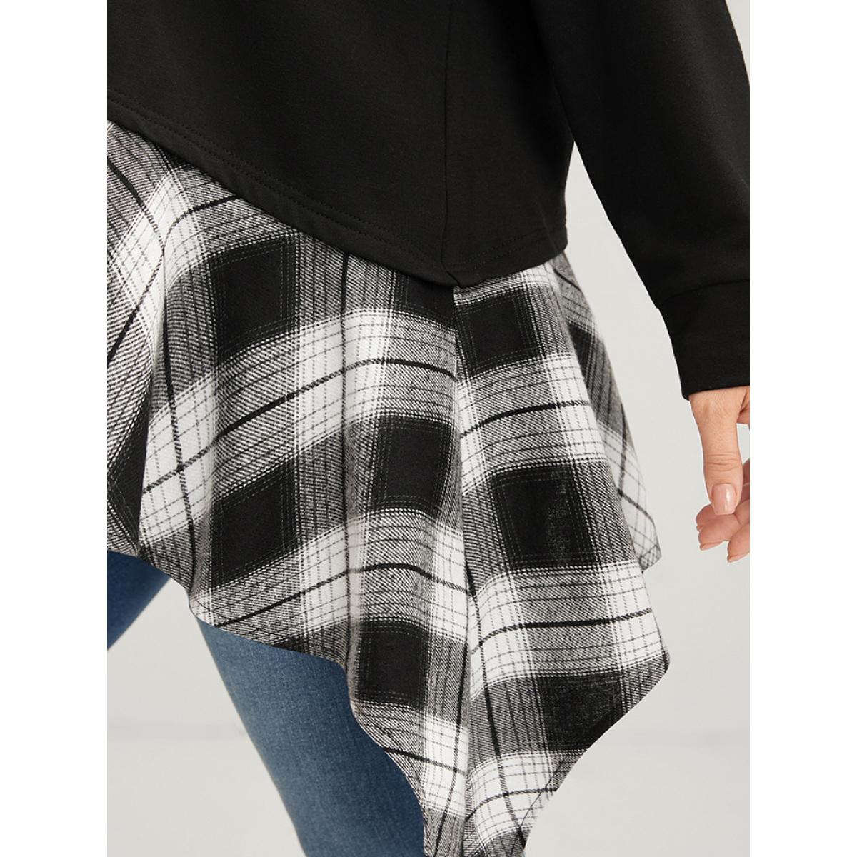 Plus Size Tartan Patchwork Round Neck Asymmetrical Hem Sweatshirt Women Black Elegant Patchwork Round Neck Dailywear Sweatshirts BloomChic 14-16/1X Product Image