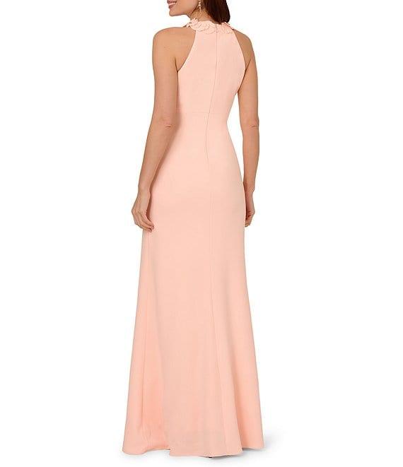 Adrianna Papell Crepe Halter Neck Sleeveless Rosette Mermaid Gown Product Image