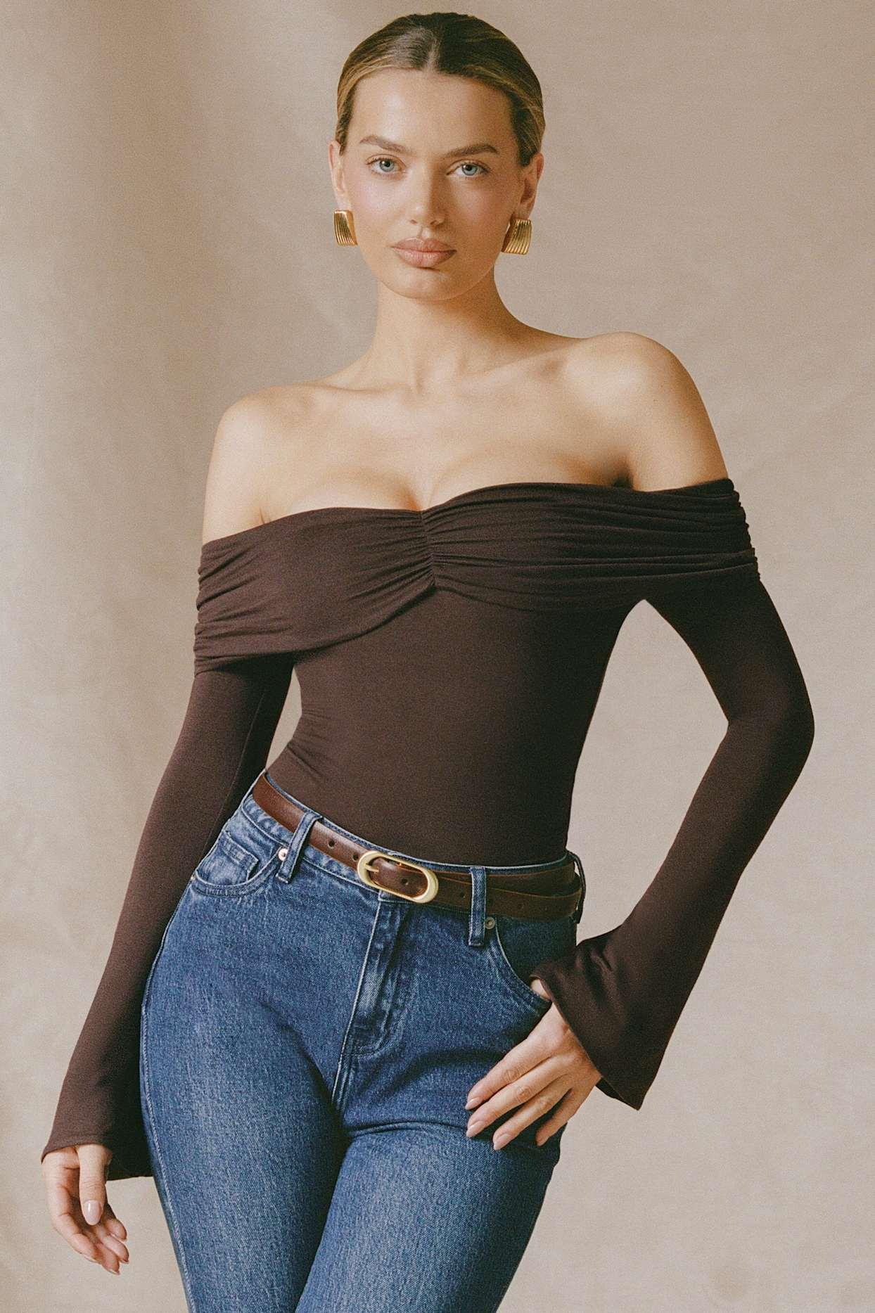 Modal-Cashmere Blend Off-Shoulder Ruched Top in Espresso Product Image