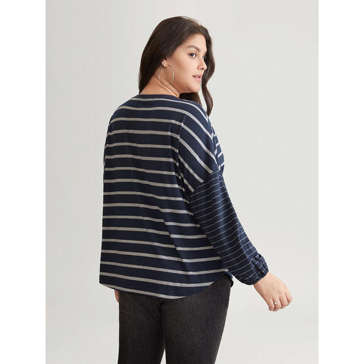 Plus Size Striped Patchwork Curved Hem Stitch T-shirt DarkBlue Women Casual Elastic cuffs Striped Round Neck Dailywear T-shirts BloomChic 18-20/2X Product Image