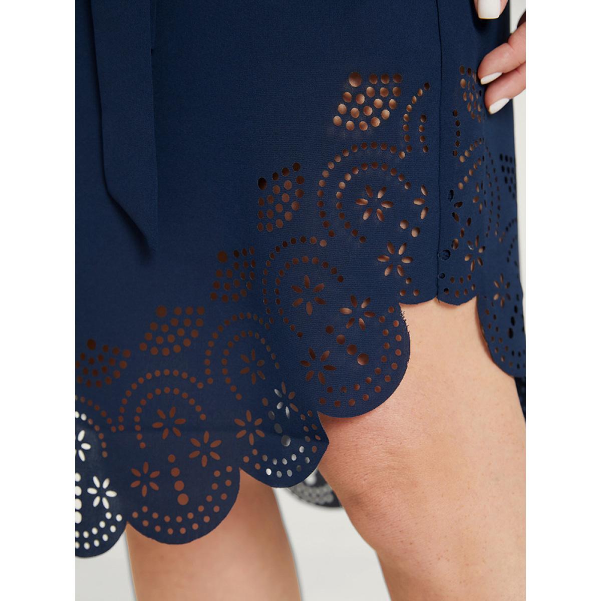 Plus Size Solid Cuffed Sleeve Button Up Belted Laser Cut Arc Hem Dress DarkBlue Women Office Belted Notched collar Short sleeve Curvy Knee Dress BloomChic 22-24/3X Product Image