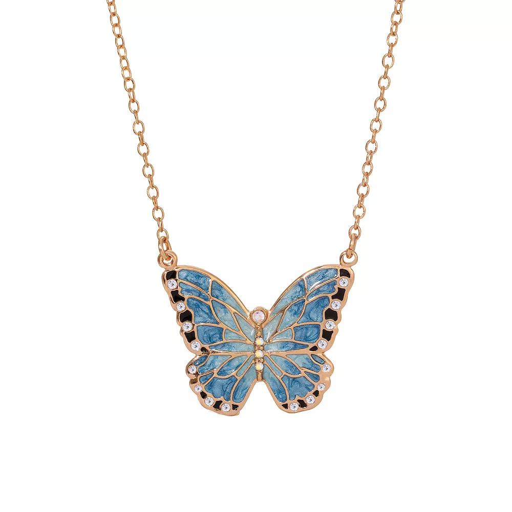 1928 Gold Tone Blue Enamel and Simulated Crystal Butterfly Necklace, Womens Product Image