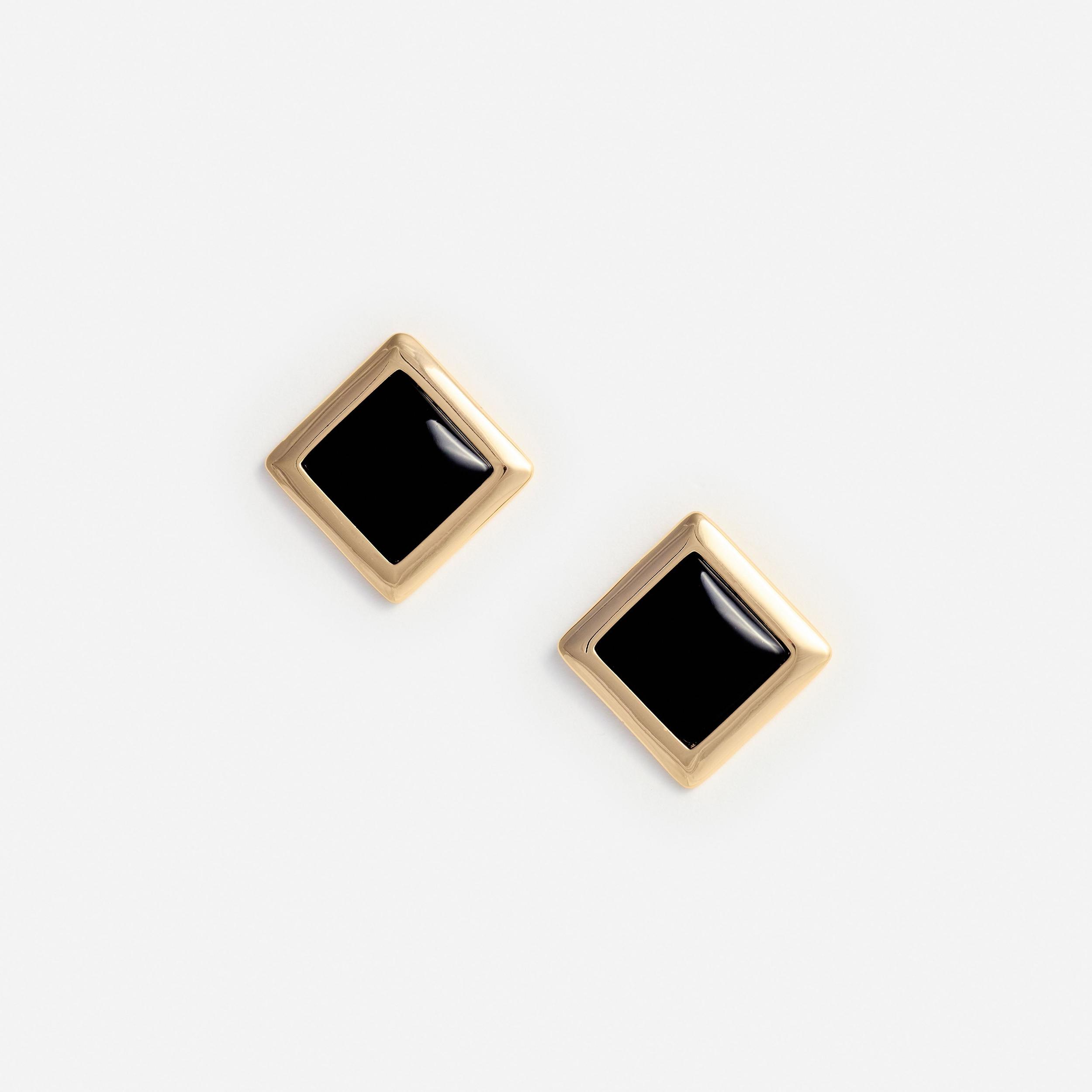 Black Enamel Gold Square Earrings Product Image