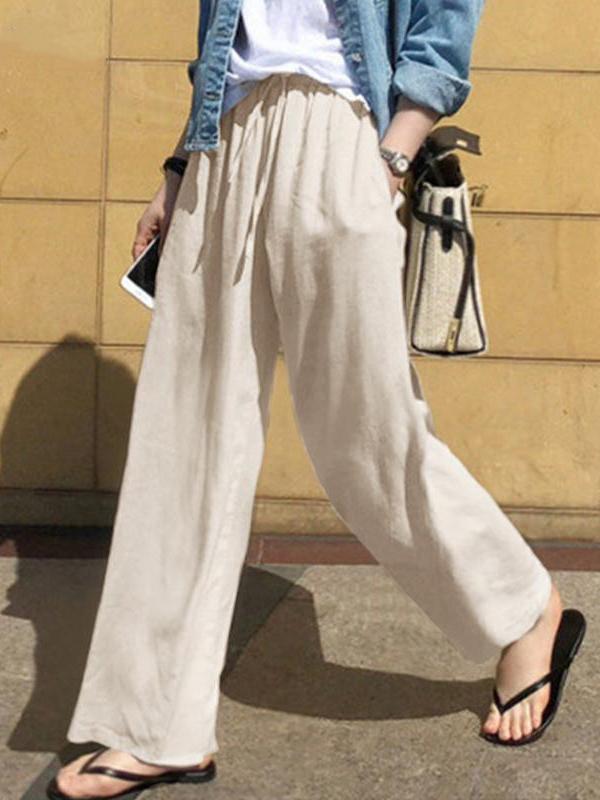 High Waisted Loose Drawstring Pockets Solid Color Pants Trousers Product Image