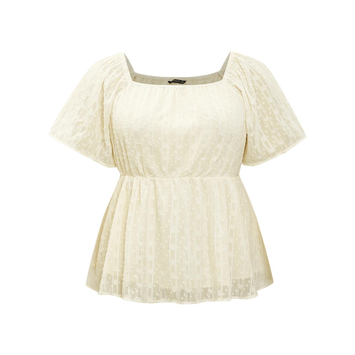 Plus Size Ivory Plisse Mesh Square Neck Elastic Waist Blouse Women Elegant Short sleeve Square Neck Dailywear Blouses BloomChic 28/5X Product Image