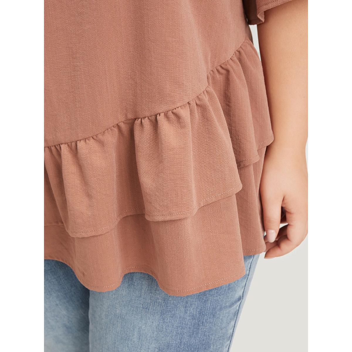 Plus Size Rouge Solid Bell Sleeve Ruffle Layered Blouse Women Elegant Half Sleeve Round Neck Dailywear Blouses BloomChic 10/M Product Image