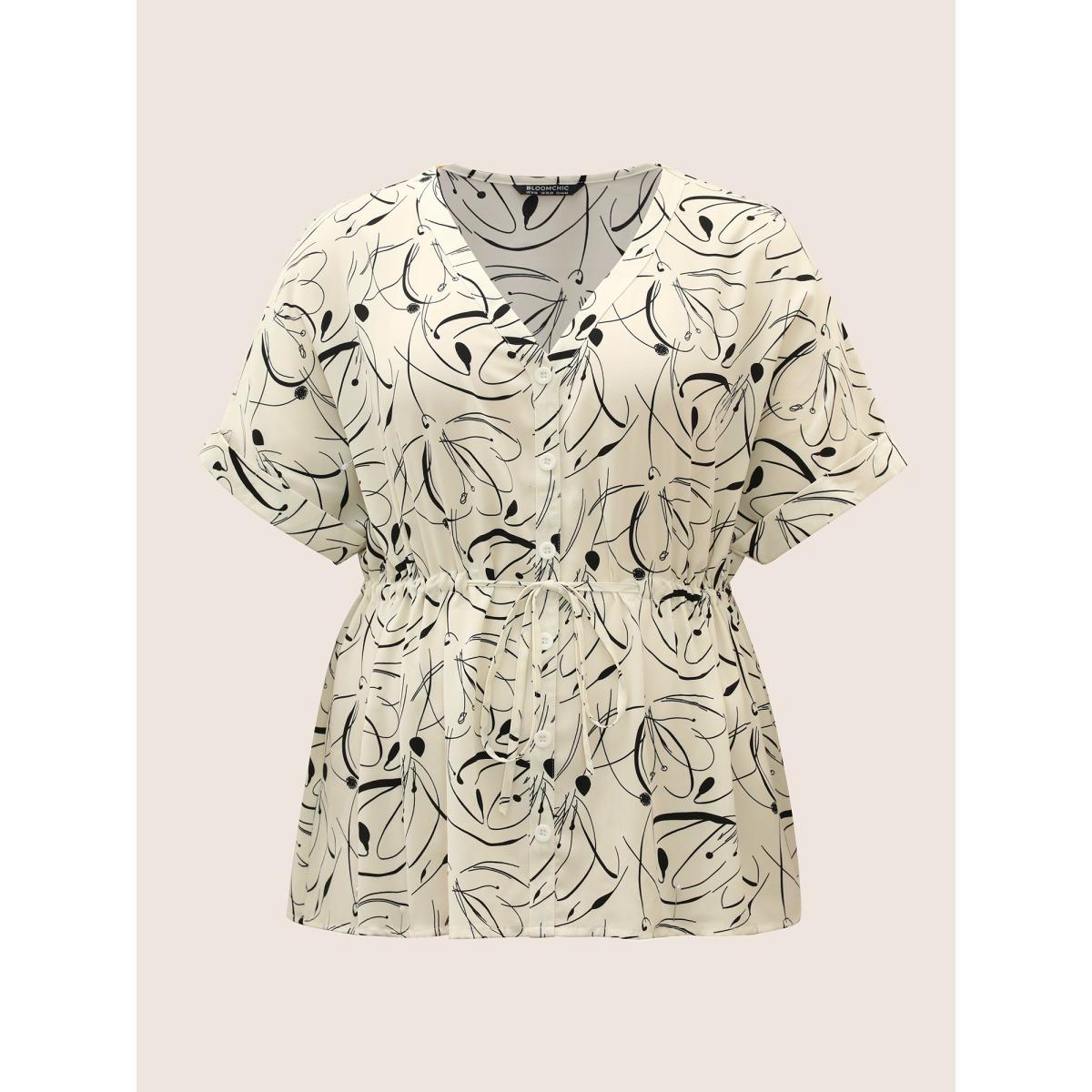 Plus Size Ivory Geometric Print Drawstring Cuffed Sleeve Blouse Women Work From Home Short sleeve V-neck Work Blouses BloomChic 12/L Product Image