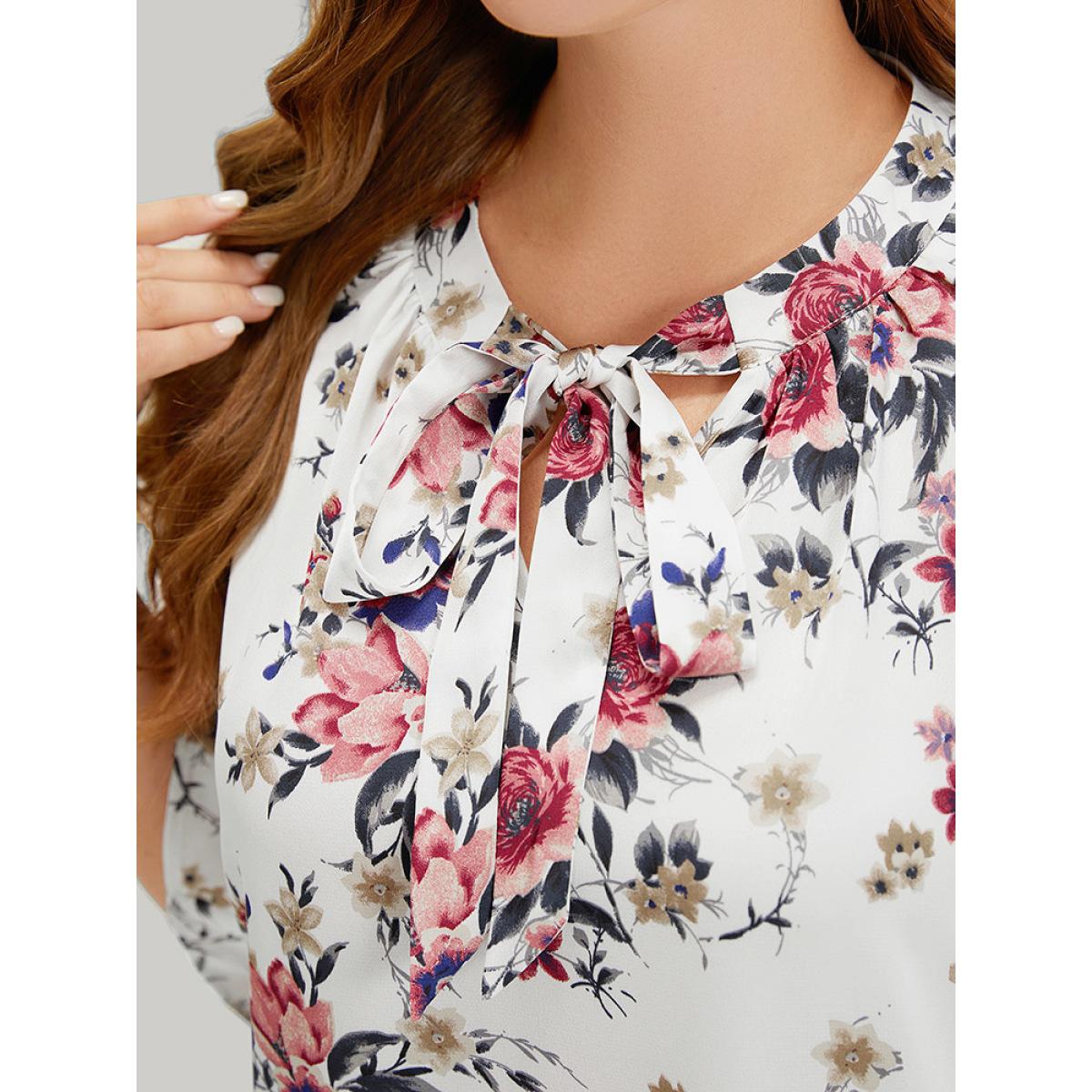Plus Size Multicolor Floral Print Knot Neck Half Sleeve Blouse Women Elegant Half Sleeve Tie Neck Dailywear Blouses BloomChic 18-20/2X Product Image