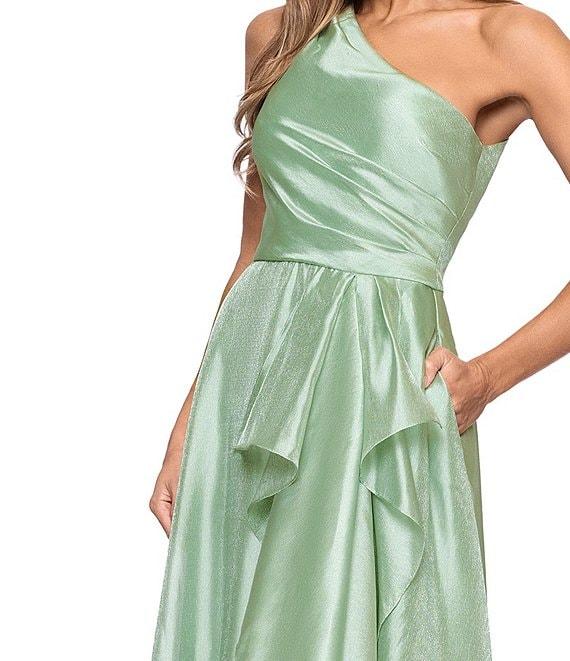 Xscape One Shoulder Cascading Side Ruffle Organza A-Line Maxi Dress Product Image