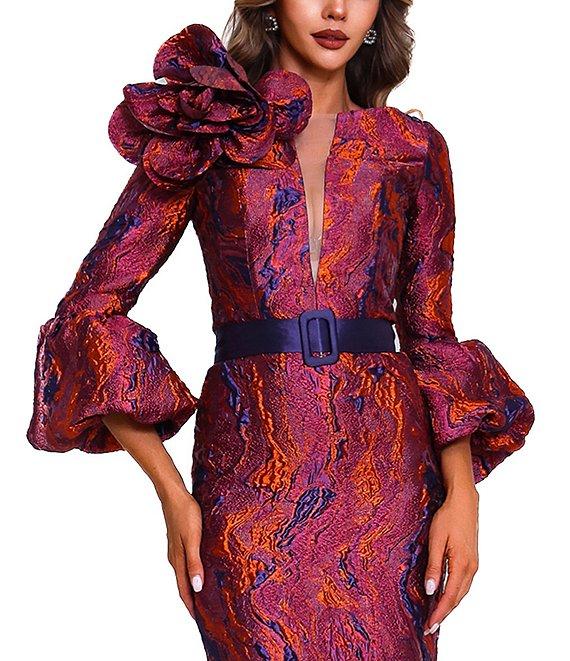 Terani Couture 3D Ruffle Bell Sleeve Belted Jacquard Sheath Midi Dress Product Image