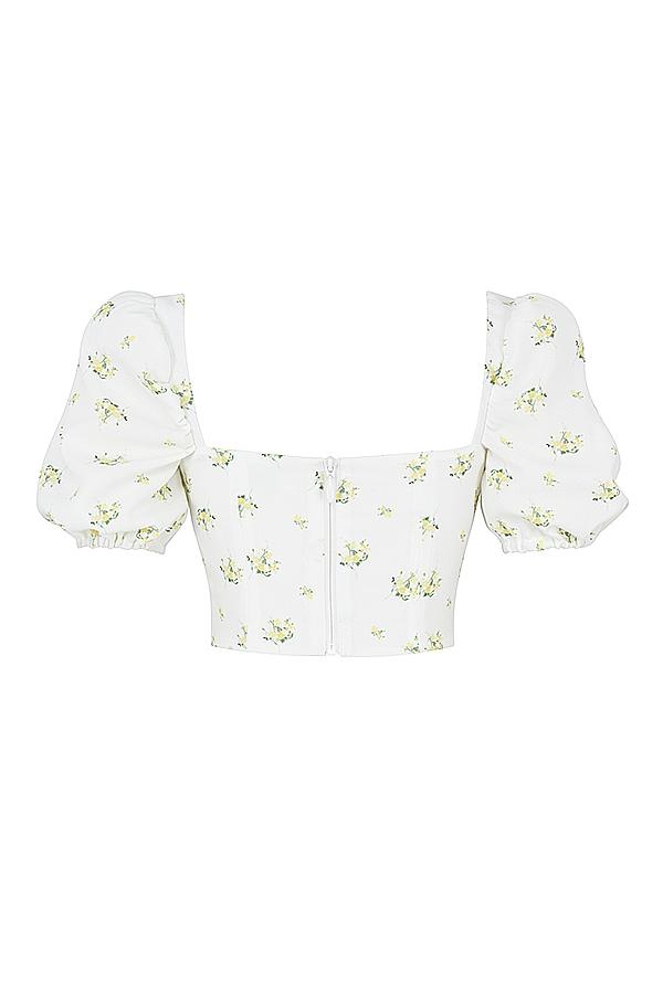 Arianna  ivory floral puff sleeve cropped top Product Image