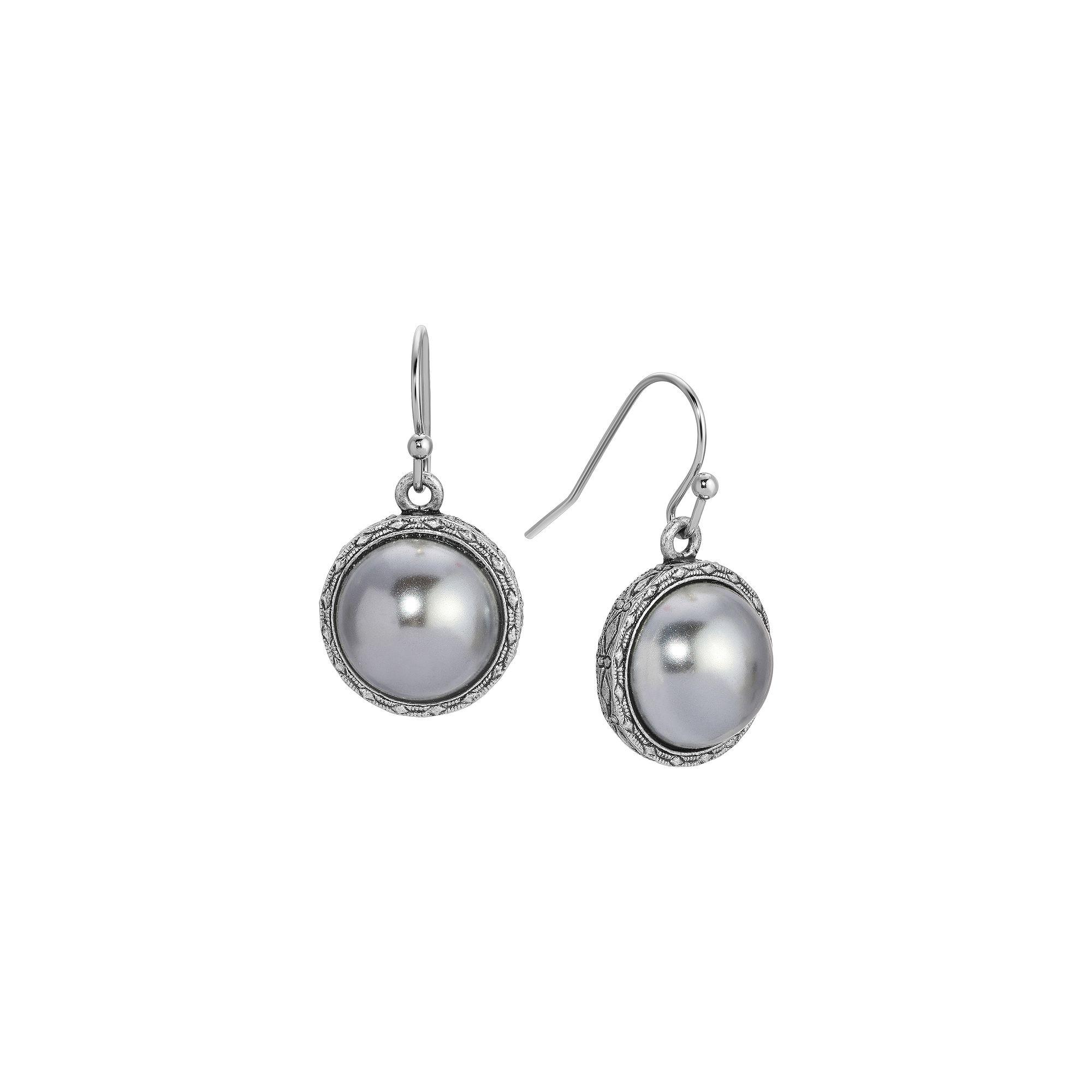 1928 Silver Tone Gray Stone Round Drop Earrings, Womens Product Image