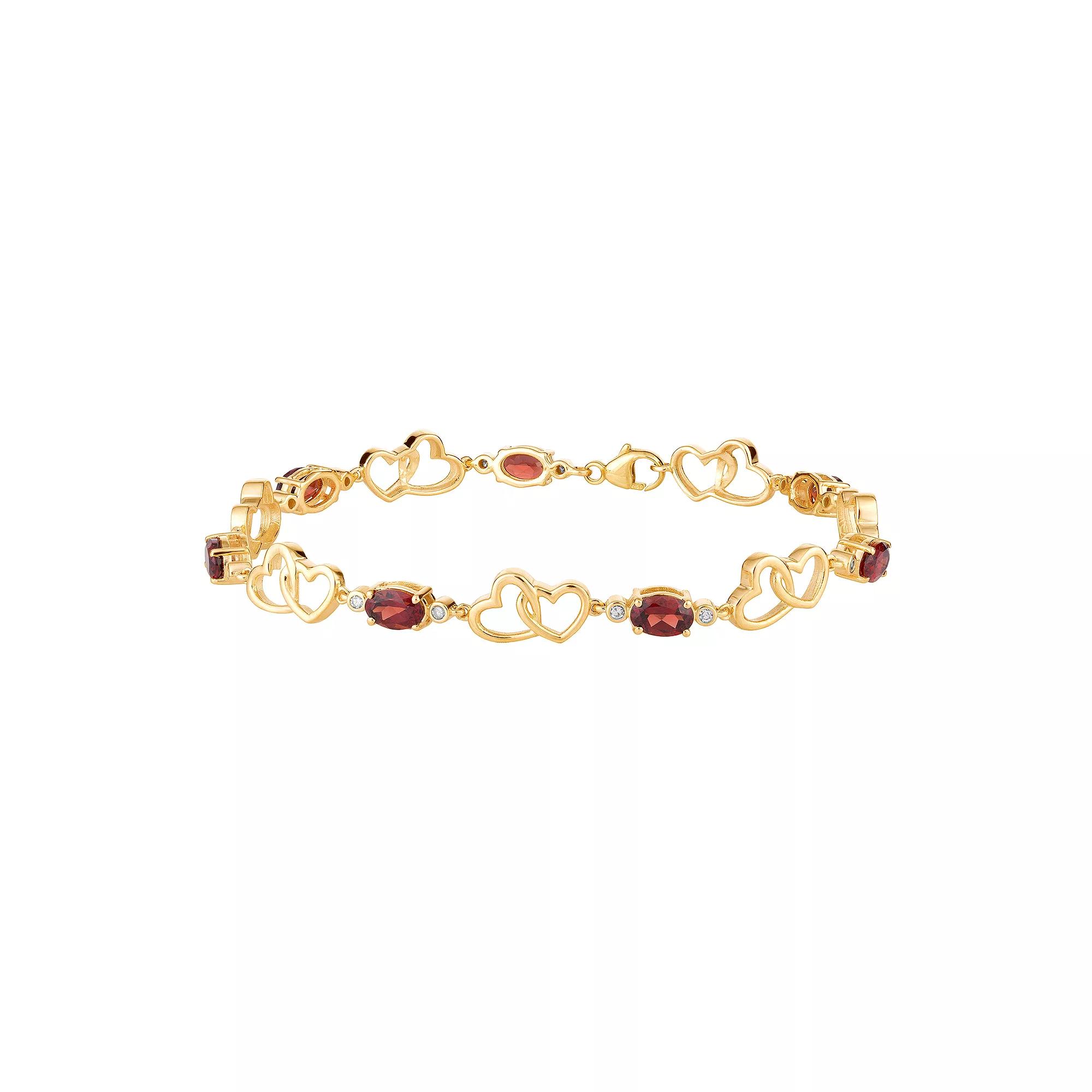 10k Gold Garnet & 1/6 Carat T.W. Diamond Double Heart Link Bracelet, Women's, Size: 7.5" Product Image