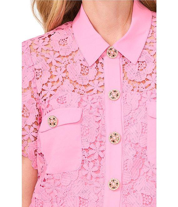 CeCe Lace Collared Short Sleeve Patch Pocket Button Front Top Product Image