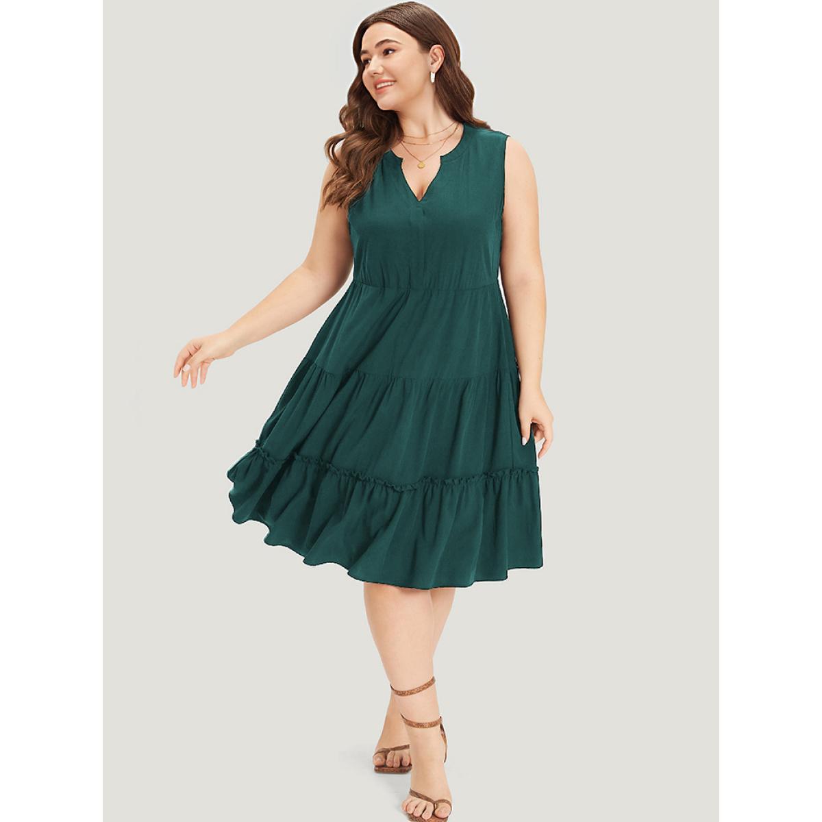Plus Size Supersoft Essentials Notched Ruffle Layered Hem Sleeveless Dress Green Women Elegant Gathered V-neck Sleeveless Curvy Midi Dress BloomChic 18-20/2X Product Image