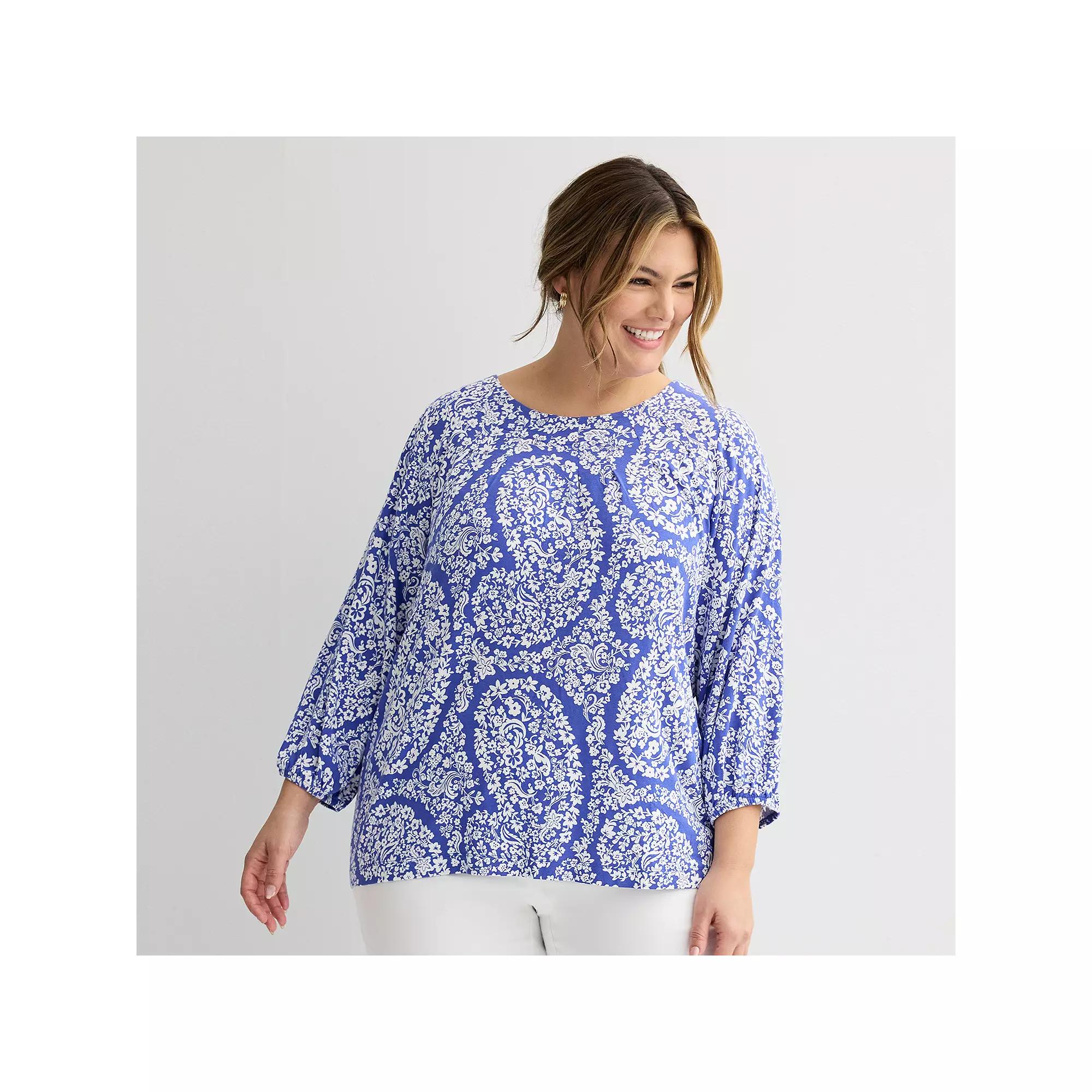 Plus Size Croft & Barrow® 3/4-Sleeve Pleated Top, Women's, Size: 4XL, Blue Floral Paisley Product Image