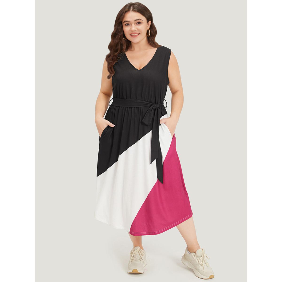 Plus Size Colorblock Contrast Pocket Belted Tank Dress Black Women Casual Plain V-neck Sleeveless Curvy Midi Dress BloomChic 30/6X Product Image