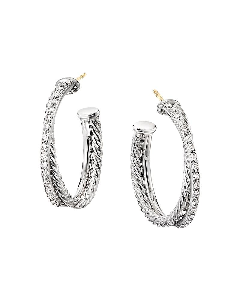 Womens Crossover Hoop Earrings in Sterling Silver with Diamonds, 26.5mm Product Image