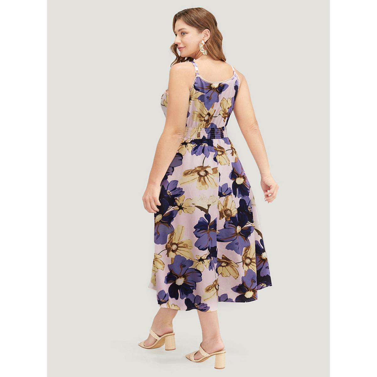 Plus Size Floral Ruffle Hem Pocket Shirred Cami Dress Mauve Women Elegant Adjustable Straps Spaghetti Strap Sleeveless Curvy Midi Dress BloomChic 14-16/1X Product Image