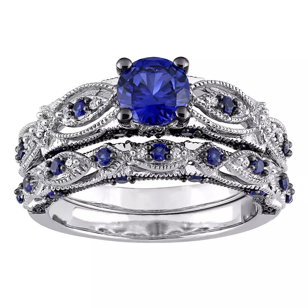 Stella Grace 10k White Gold Lab-Created Sapphire & 1/10 Carat T.W. Diamond Vintage Filigree Engagement Ring Set, Womens 10k Whgold Product Image