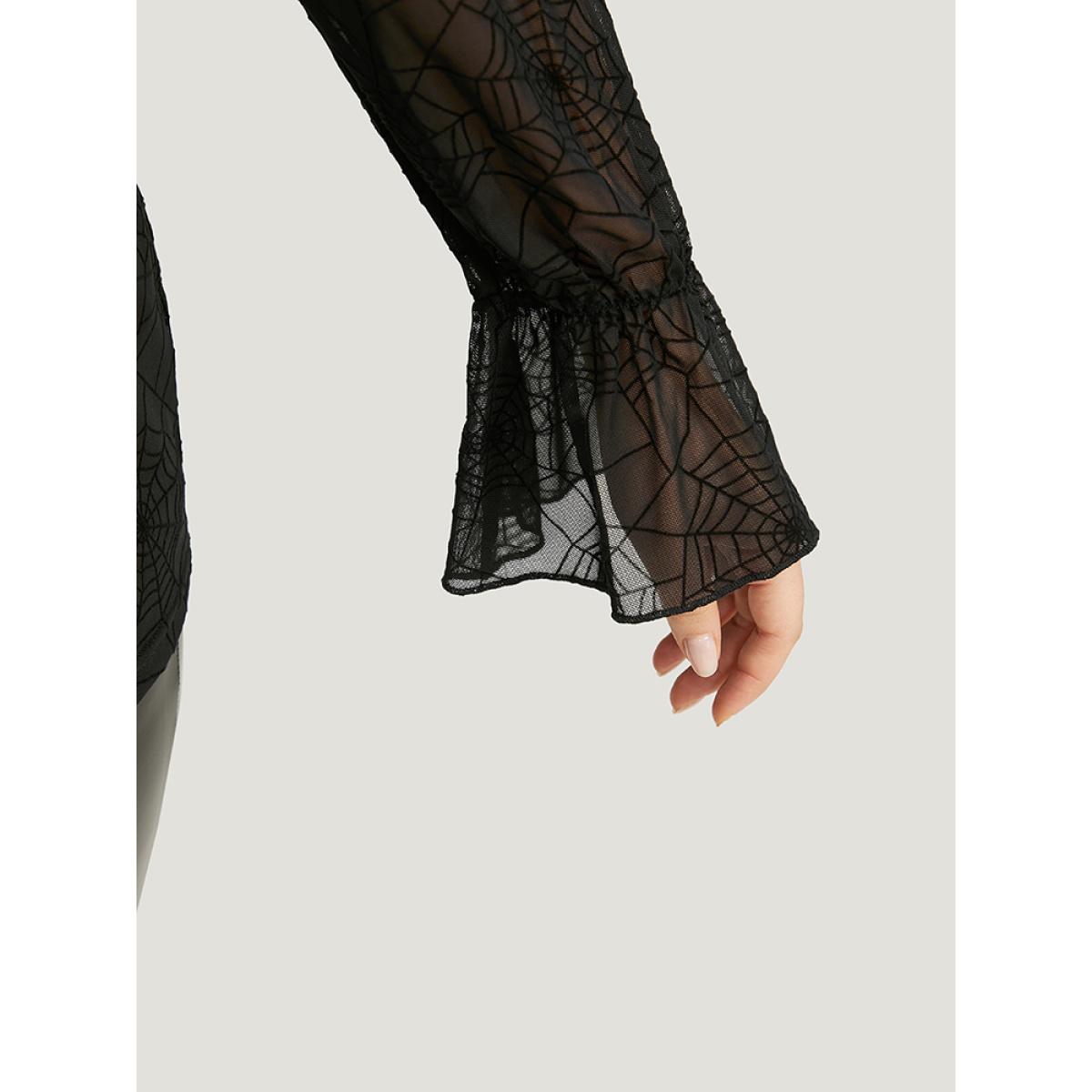 Plus Size Black Halloween Spider Web Mesh Bell Sleeve Blouse Women Elegant Long Sleeve Halter neck Festival-Halloween Blouses BloomChic 12/L Product Image