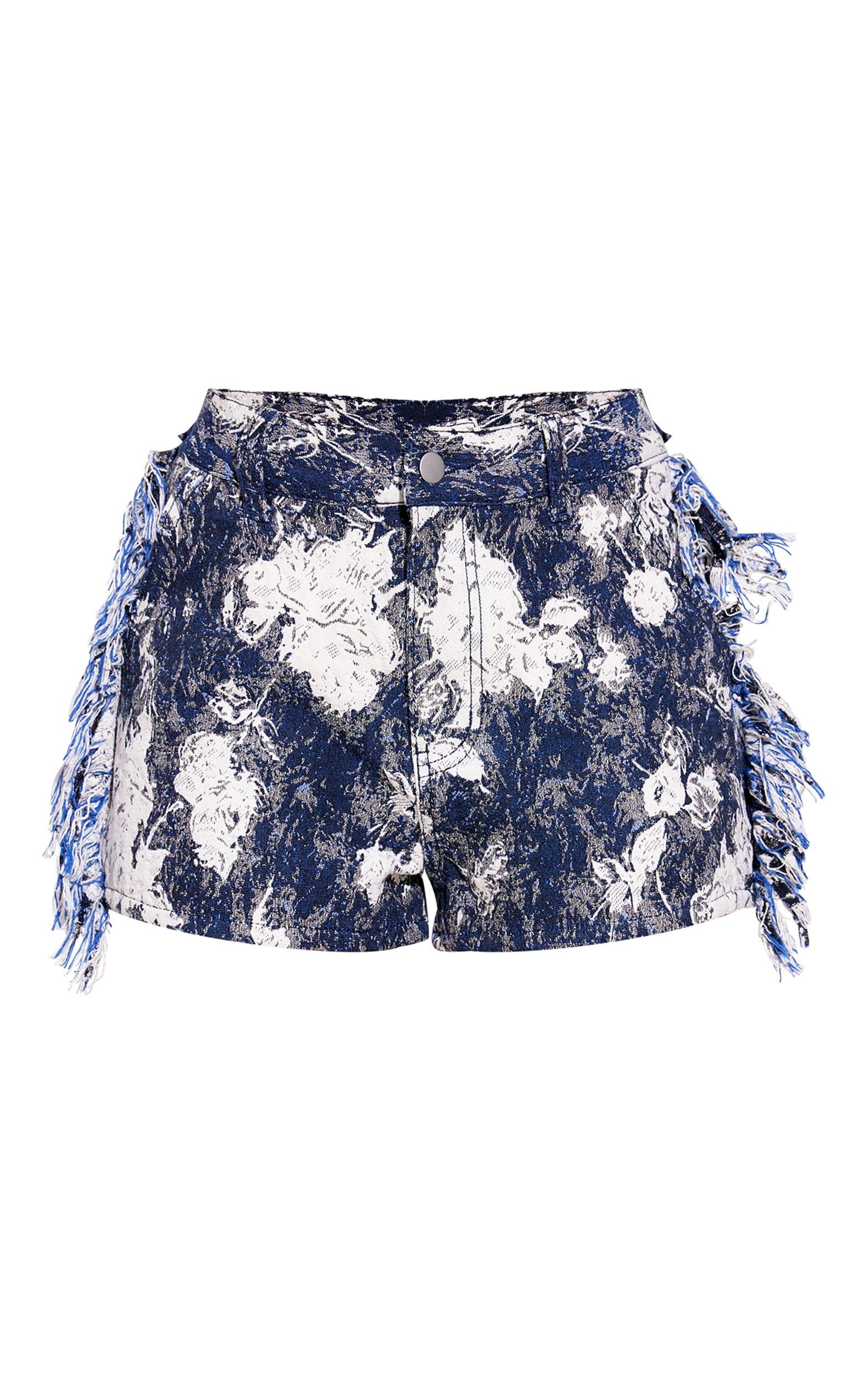 Blue Printed Jacquard Twill Tassel Side Shorts Product Image