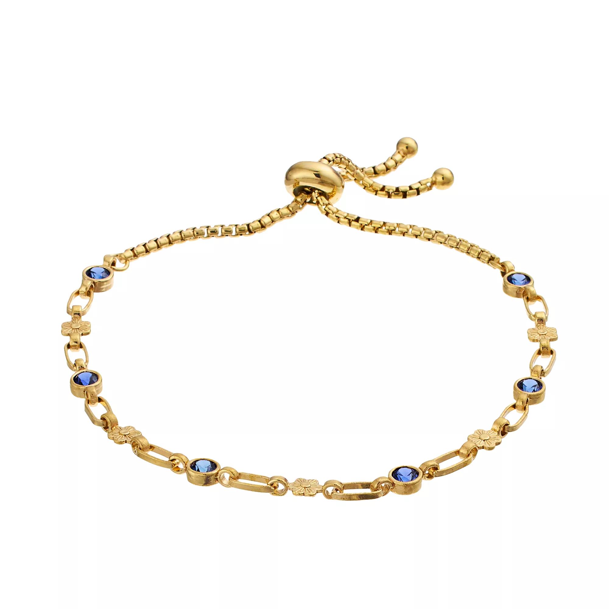 Kristen Kesho Sterling Silver Lab-Created Sapphire & Flower Link Adjustable Bolo Bracelet, Women's, Size: 9.50, Gold Tone Product Image