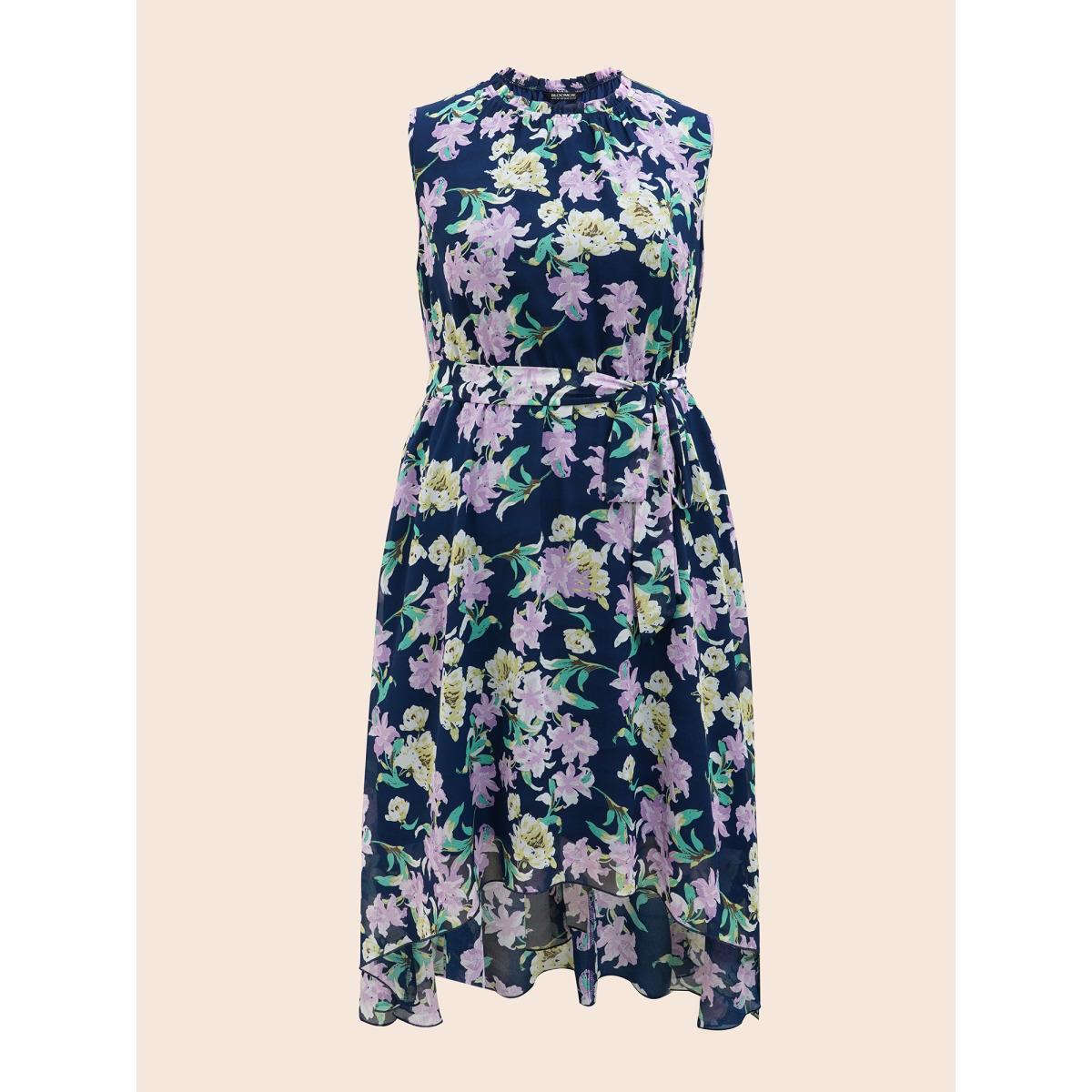 Plus Size Floral Mock Neck Asymmetrical Hem Dress DarkBlue Women Elegant Belted Mock Neck Sleeveless Curvy BloomChic 30/6X Product Image