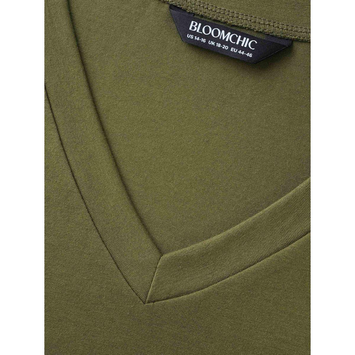 Plus Size V Neck Pleated Stretchy T-shirt ArmyGreen Women Casual Pleated V-neck Everyday T-shirts BloomChic 14-16/1X Product Image