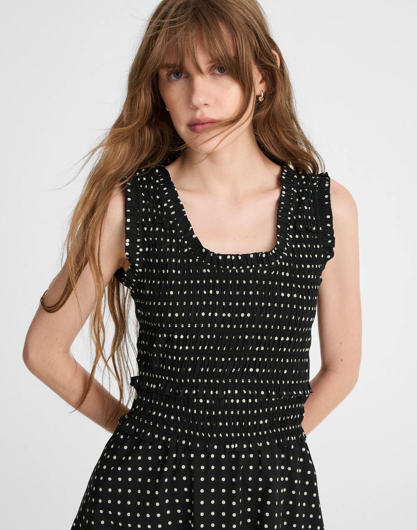 Ruffled Scoopneck Mini Dress in Dot Product Image
