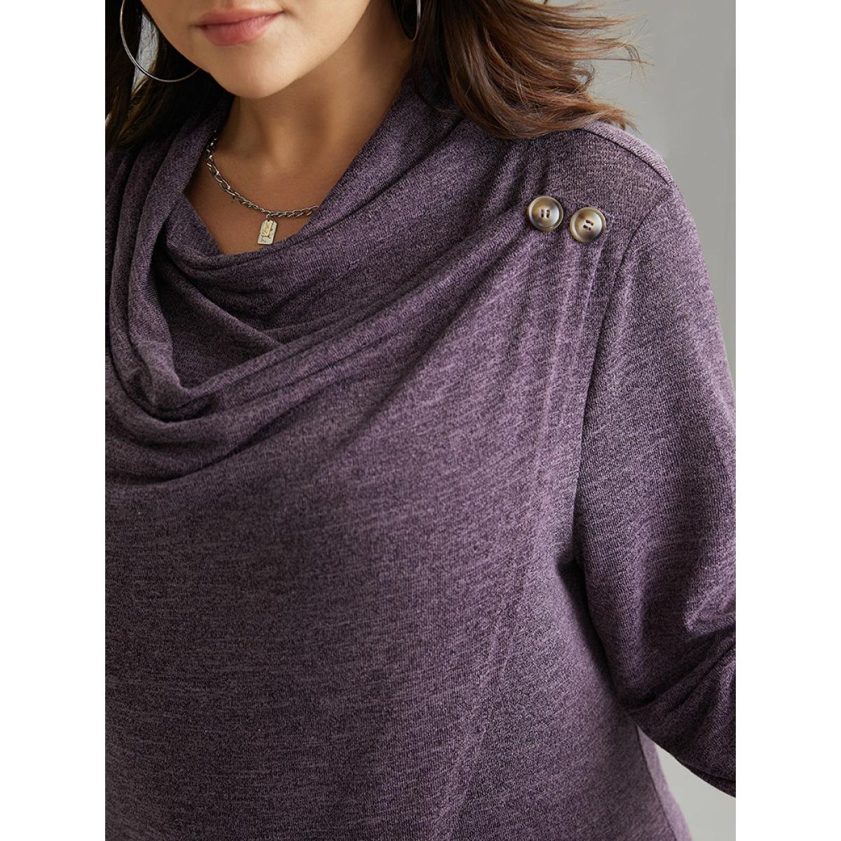 Plus Size Plain Heather Cowl Neck Button Detail Sweatshirt Women Purple Casual Overlapping Cowl Neck Everyday Sweatshirts BloomChic 18-20/2X Product Image