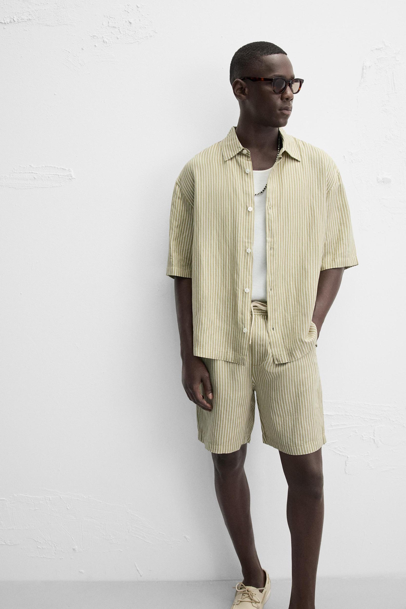 STRIPED LINEN VISCOSE SHORTS Product Image