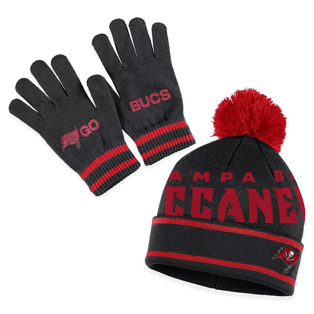 Women's WEAR by Erin Andrews Black Tampa Bay Buccaneers Double Jacquard Cuffed Knit Hat with Pom and Gloves Set Product Image