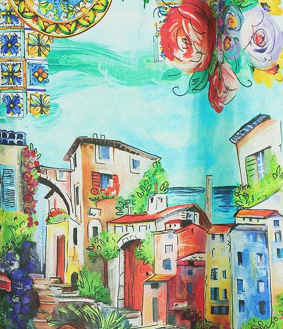 JOHNNY WAS Scenic Print Silk Split V-Neck 3/4 Sleeve Flowy Blouse Product Image