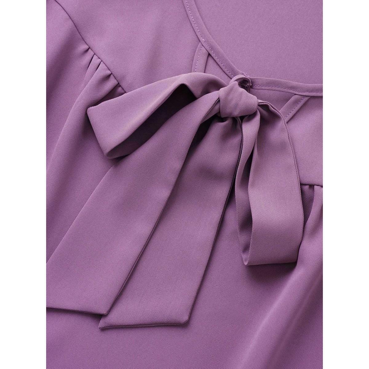 Plus Size Purple Solid Ribbon Tied Collar Bell Sleeve Blouse Women At the Office Elbow-length sleeve Ribbon-tied collar Office Blouses BloomChic 18-20/2X Product Image