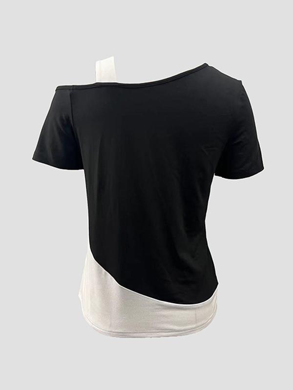 Loose Short Sleeves Asymmetric Contrast Color Split-Joint Cold Shoulder T-Shirts Tops Product Image