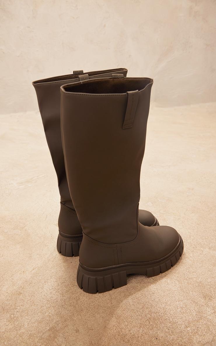 Khaki Wide Fit Pu Slip On Knee High Boots Product Image