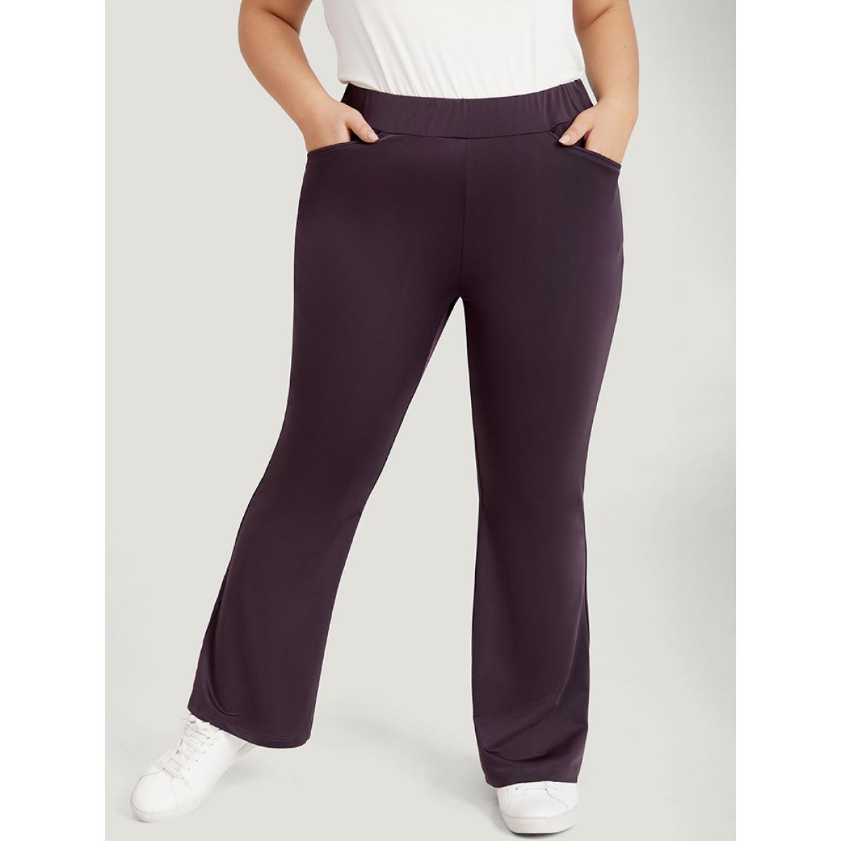 Plus Size Plain Elastic Waist Bootcut Slant Pocket Leggings Women Eggplant Casual High stretch Bodycon High Rise Dailywear Leggings BloomChic 28/5X Product Image